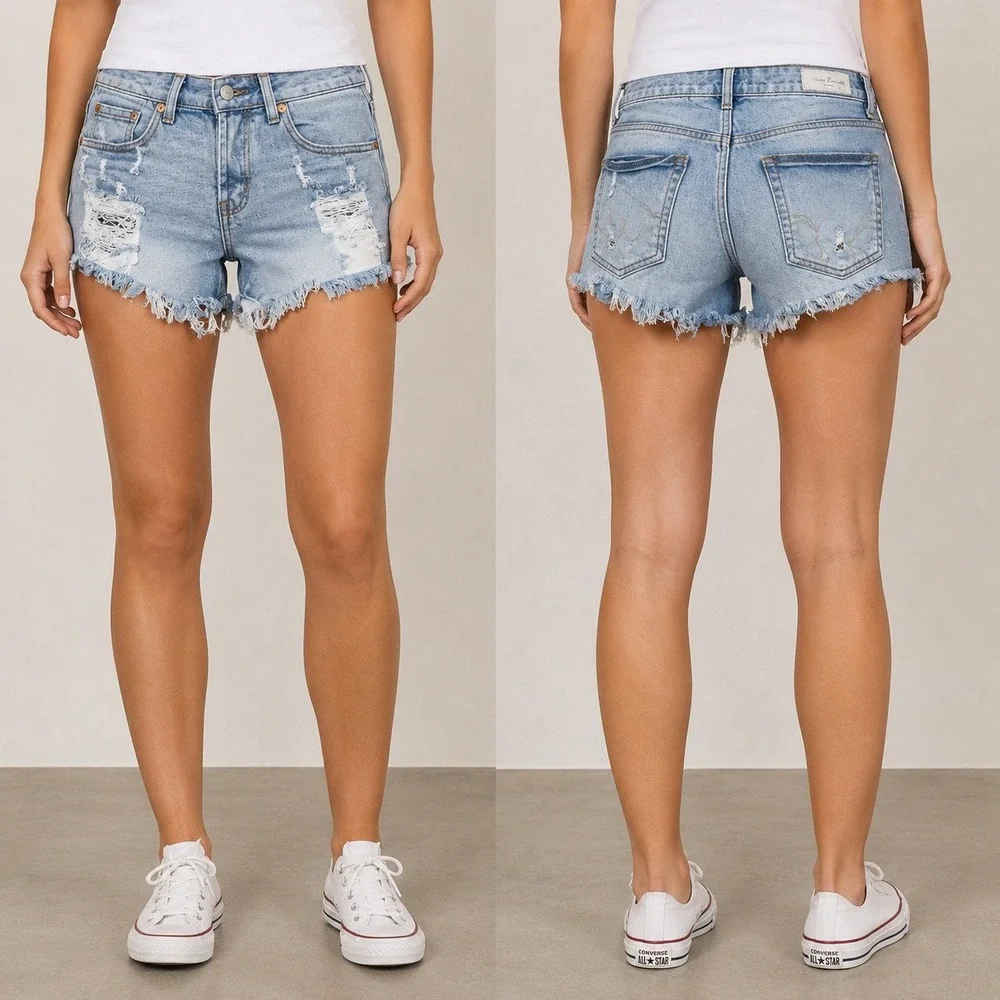Almost Famous Denim Shorts Women Size 7 Light Wash Distressed Frayed Cut Off